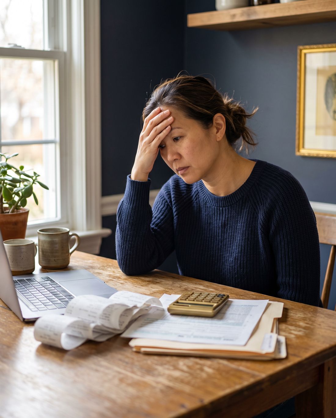 A small business owner worried over receipts and tax forms